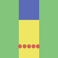 icomania:Yellow rectangle with blue box and red necklace or red beads.