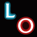 icomania:A blue L and a red O with a black background.