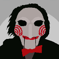icomania:A scary face of a man with a red lips and bowtie and circles on his cheeks and black eyes.