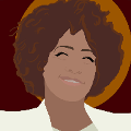 icomania:A woman with curly brown hair and a white suit on