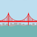 icomania:Red bridge over the water and the city.
