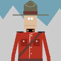 icomania:Man in red patrol clothes with brown hat in front of mountains.